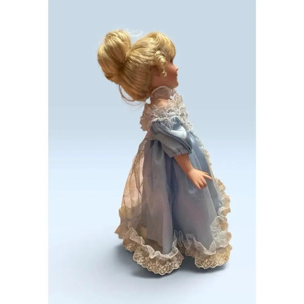 Vintage Porcelain Doll Blonde Curly Hair Blue Dress Lace White Shoes